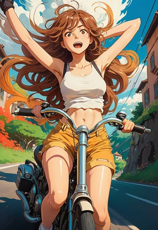 Prompt: 2d studio ghibli anime style, girl on motorcycle, anime scene