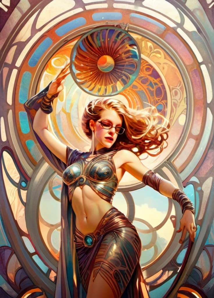 Prompt: a woman in a futuristic outfit posing for a picture with a futuristic background and a circular window behind her, Clint Cearley, alphonse mucha style   photorealistic