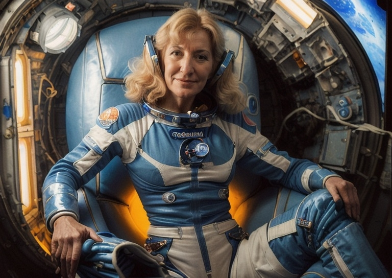 Prompt: a woman in a blue bodysuit sitting in a chair with her legs apart  and her  Evelyn Abelson, space art, promotional image, a character portrait,in old soyuz spaceship,  high definition photography