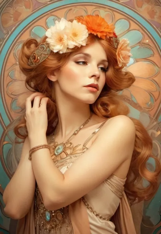 Prompt: Glamour photography of woman in the style of alphonse mucha