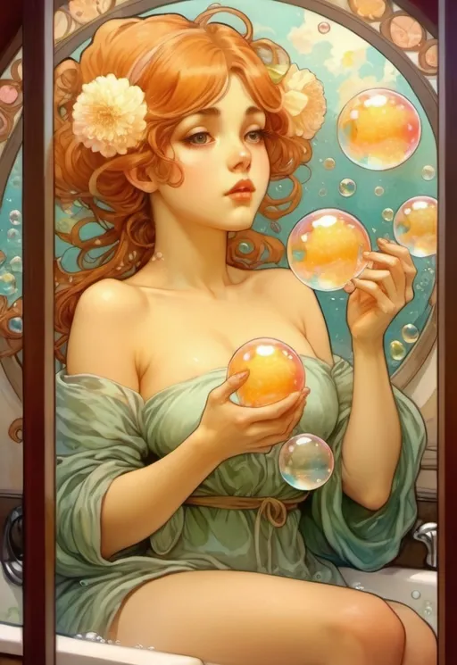 Prompt: i anime style, girl in bathcoveredin soap bubbles hoding pears soap, anime scene