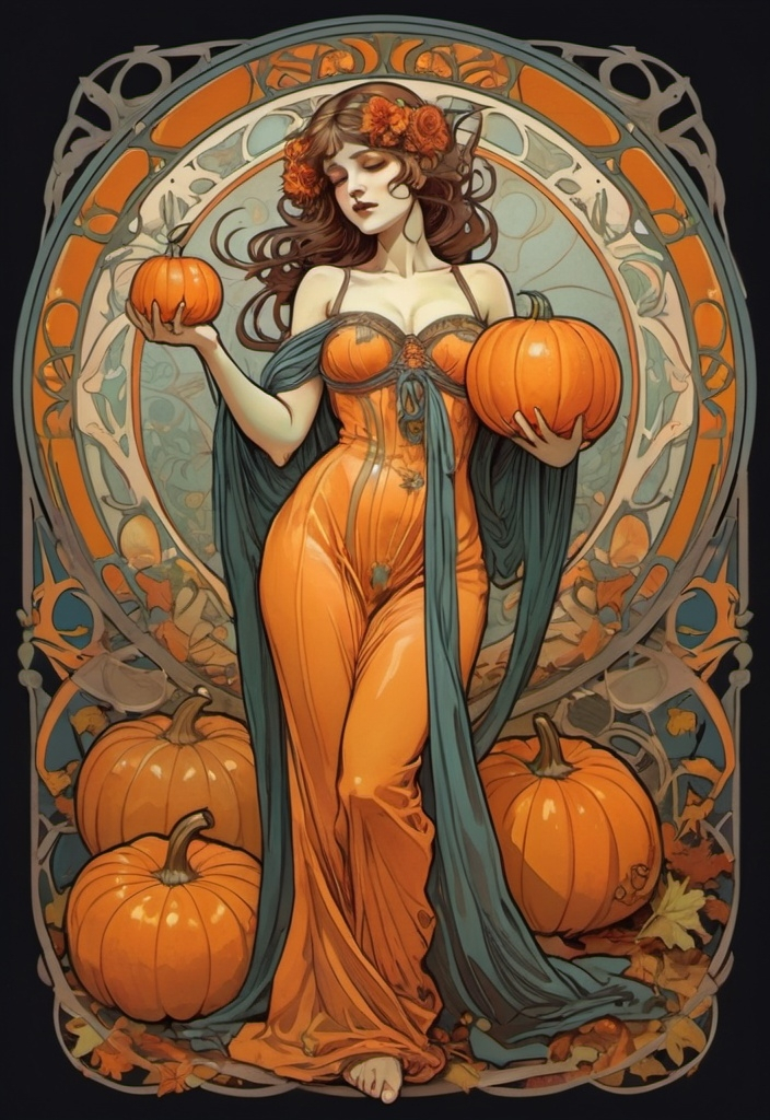 Prompt: Alphonse Mucha Style, art nouveau illustration of a full body woman, thick lines, intricate details, beautiful colors  , holding Halloween pumpkin