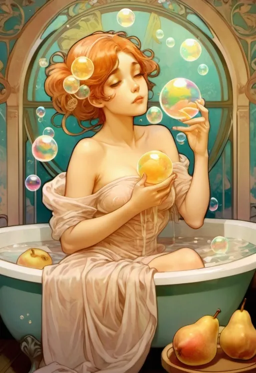 Prompt: i anime style, girl in bathcoveredin soap bubbles hoding pears soap, anime scene