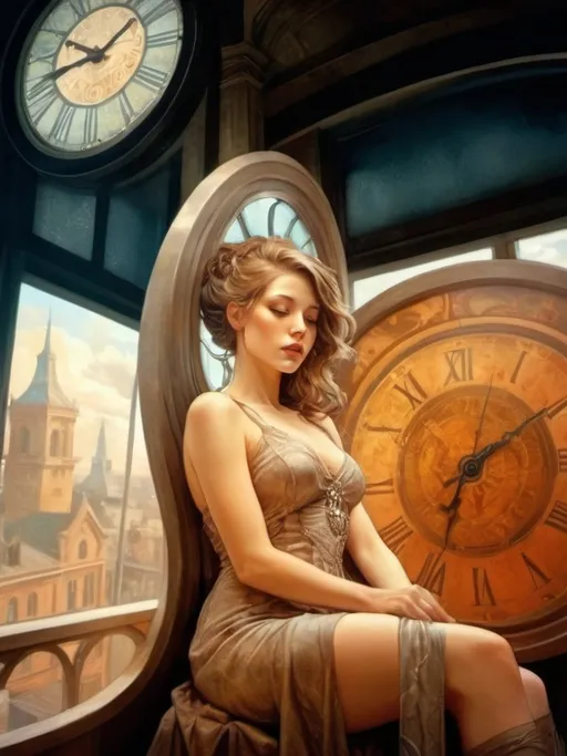 Prompt: a woman in a dress sitting on a chair in front of a window with a clock on it's face, Bastien L. Deharme, fantasy art, sci fi fantasy, photorealistic