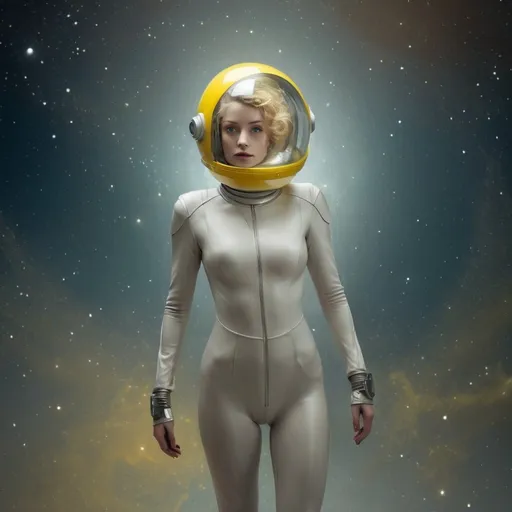 Prompt: a woman in a bodysuit with a helmet on her head and a space suit on her head and a yellow object in the background, Arabella Rankin, retrofuturism, sci fi, a character portrait,  high definition photography, photorealistic