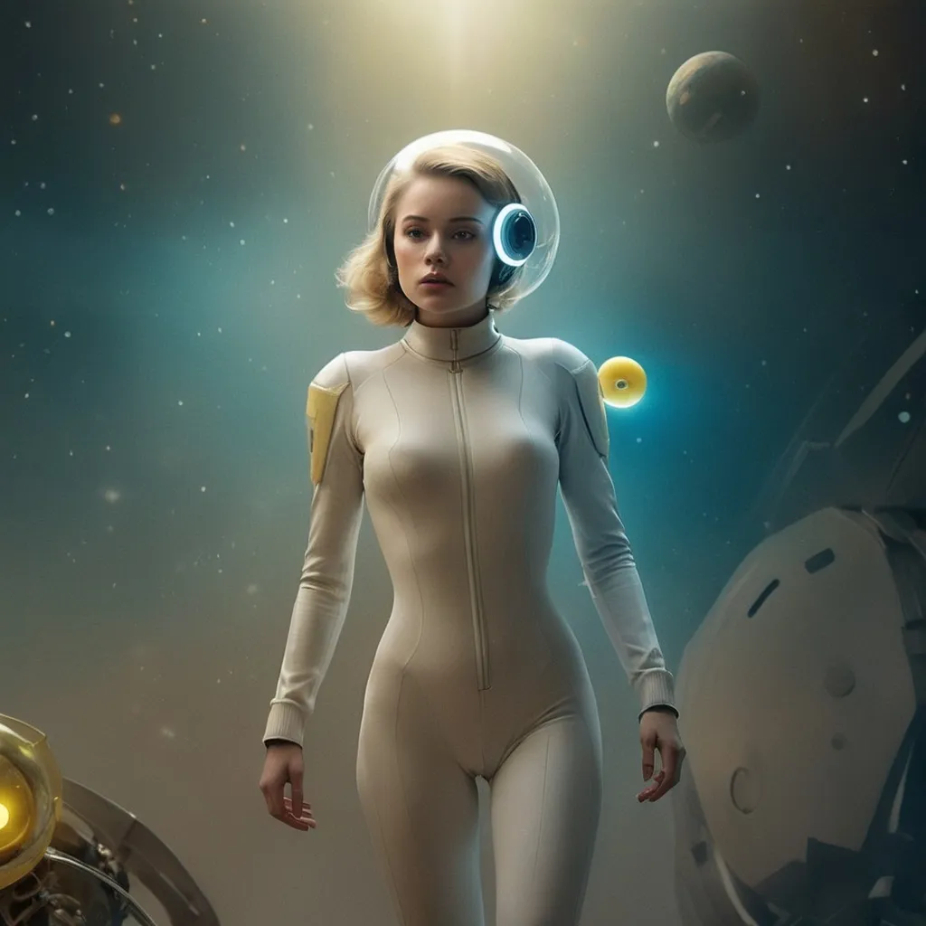 Prompt: a woman in a bodysuit with a helmet on her head and a space suit on her head and a yellow object in the background, Arabella Rankin, retrofuturism, sci fi, a character portrait,  high definition photography, photorealistic