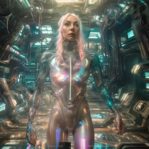 Prompt: a woman in a futuristic suit is posing for a picture in a space station environment with a futuristic looking body, Eva Frankfurther, retrofuturism, biopunk, a hologram