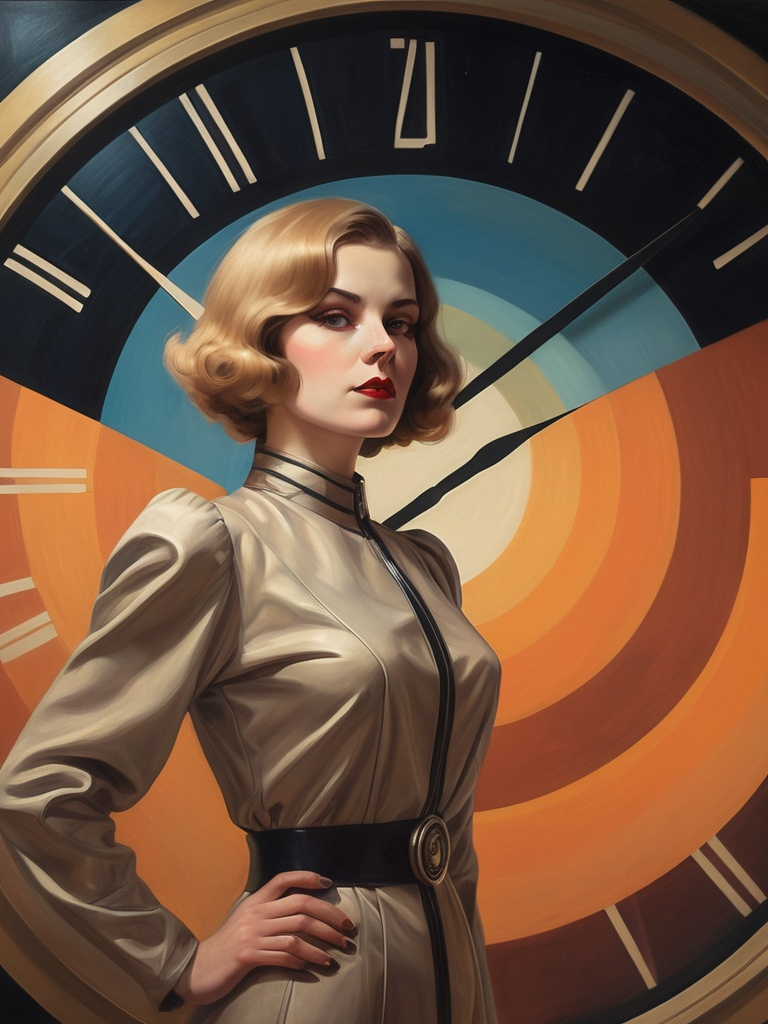 Prompt: a woman in a costume standing in front of a circular background with a clock on it's face, Andor Basch, retrofuturism, dieselpunk, an art deco painting