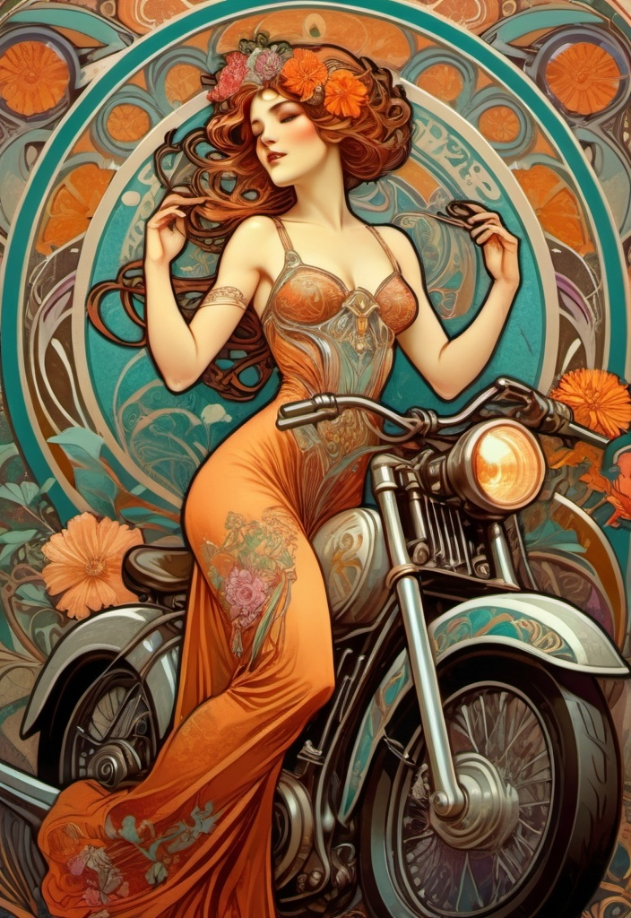 Prompt: Alphonse Mucha Style, art nouveau illustration of a full body woman, thick lines, intricate details, beautiful colors  advertising Mobil oil, with motocycle