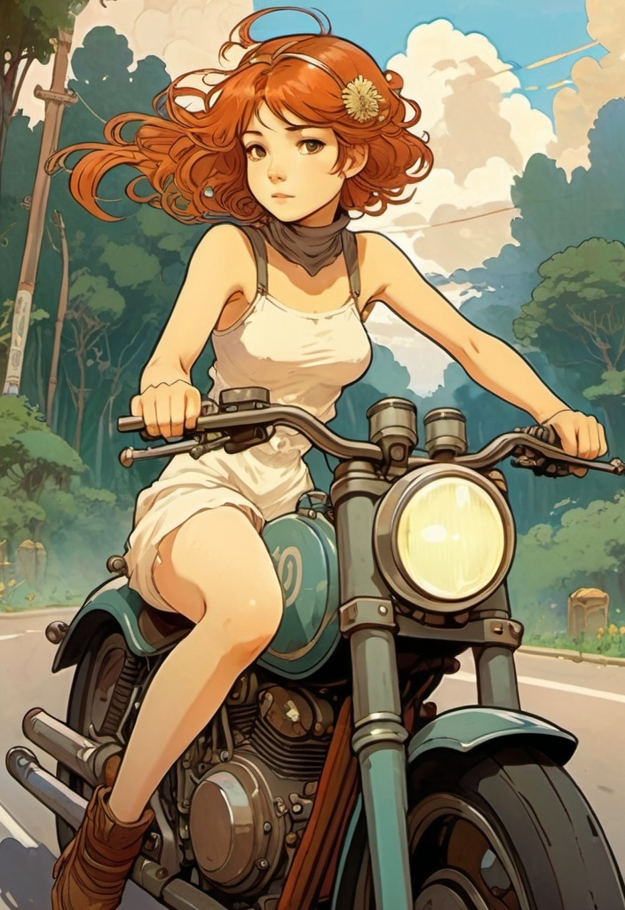 Prompt: 2d studio ghibli anime style, girl on motorcycle, anime scene