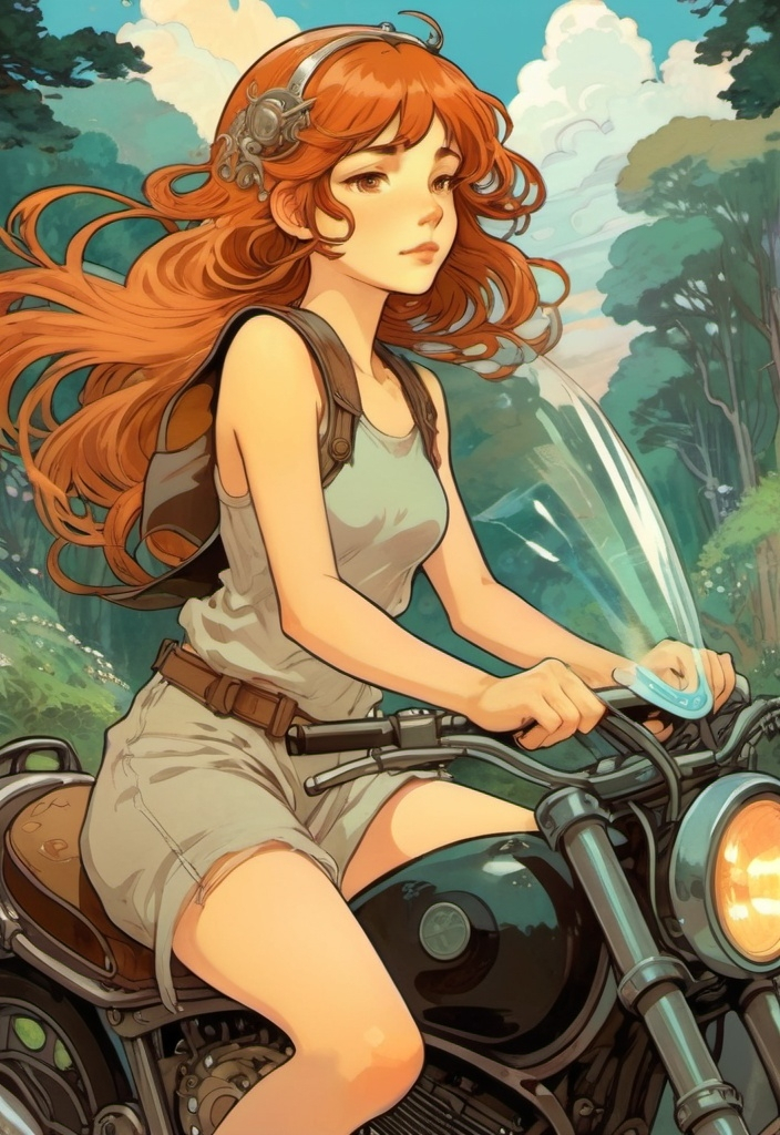 Prompt: 2d studio ghibli anime style, girl on motorcycle, anime scene