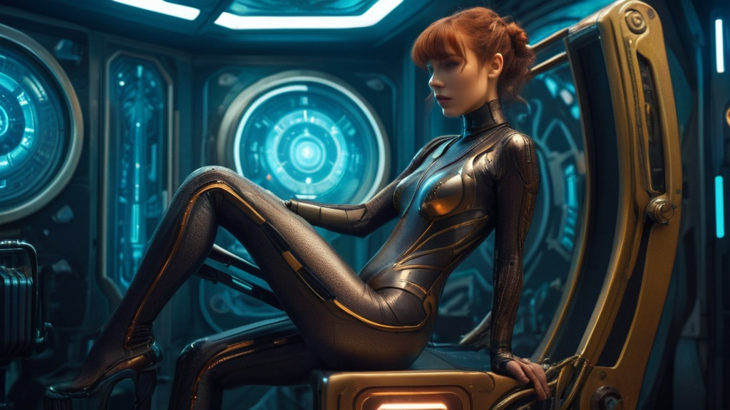 Prompt: a woman in a bodysuit sitting on a machine in a sci - fi , Eve Ryder, art nouveau, high definition photography