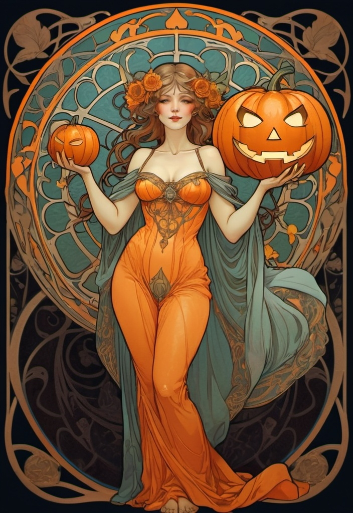 Prompt: Alphonse Mucha Style, art nouveau illustration of a full body woman, thick lines, intricate details, beautiful colors  , holding Halloween pumpkin,  Jack o lantern