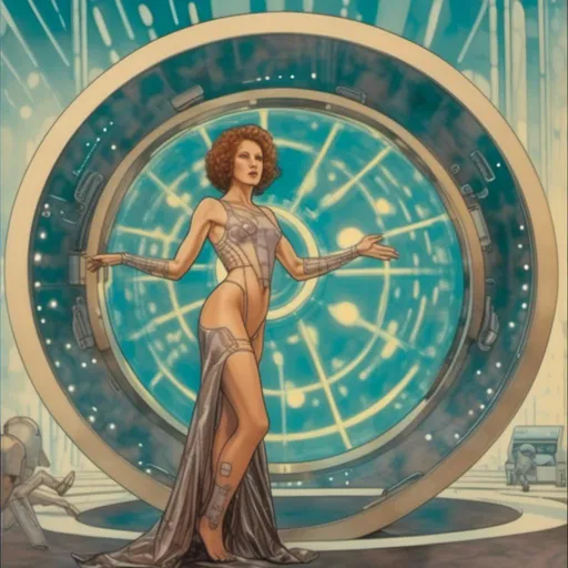 Prompt: <mymodel> a woman with a futuristic body and headpieces on her head and body is standing in front of a circular object, Daphne Allen, retrofuturism, sci fi, a hologram