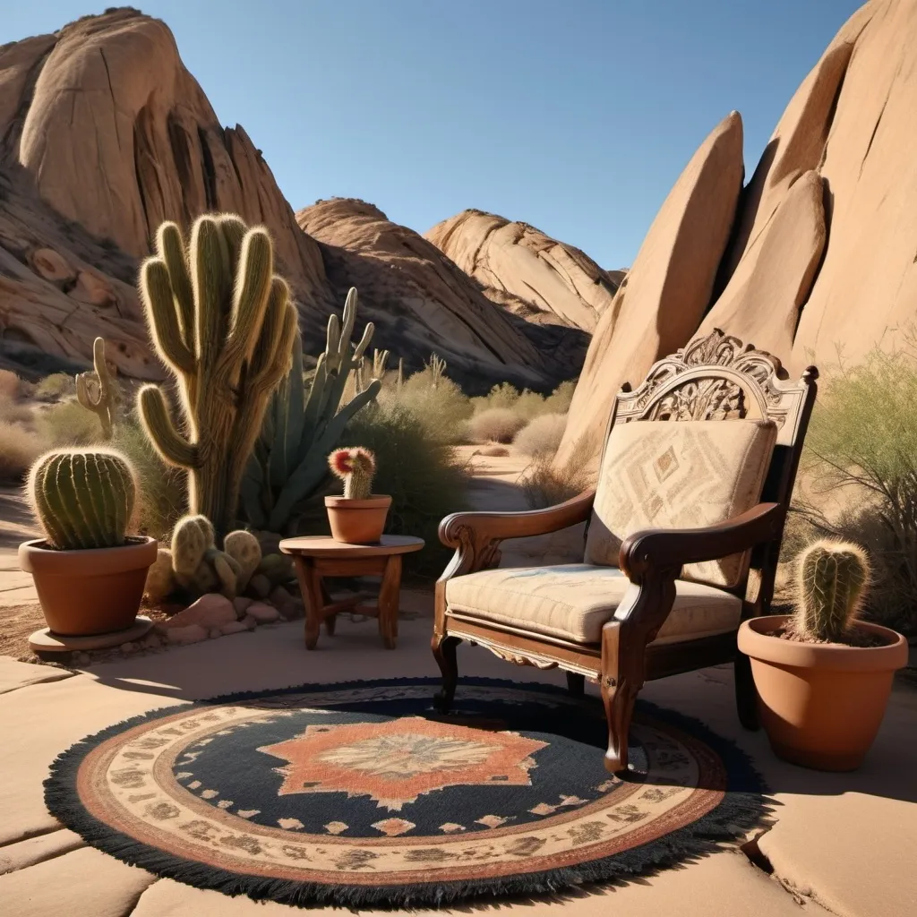 Prompt: an open air desert preferable something like Vasquez Rocks with an ornate chair surrounded by house plants on top of a hand woven rug from Afghanistan - do not have a canopy over the top