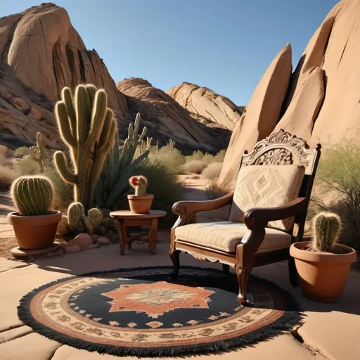 Prompt: an open air desert preferable something like Vasquez Rocks with an ornate chair surrounded by house plants on top of a hand woven rug from Afghanistan - do not have a canopy over the top