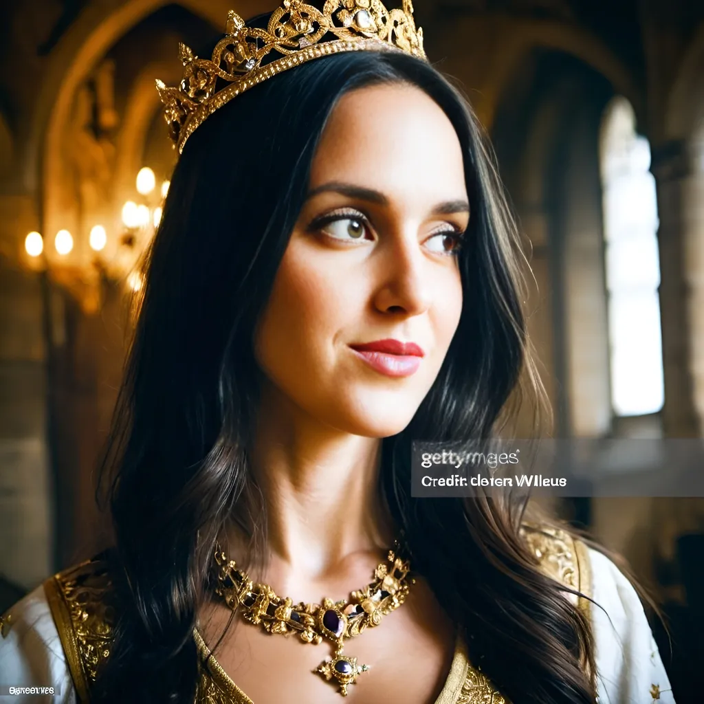 Prompt: beautiful dark haired French queen wearing golden crown with diamonds is smiling and standing in the castle hall, tapestries on the wall, medieval atmosphere, majestic