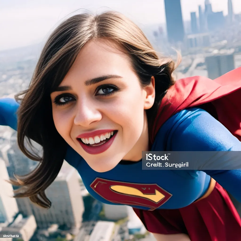 Prompt: beautiful and smiling Supergirl with dark hair and blue eyes is flying above city wearing Supergirl costume, sunny day, city skyline

