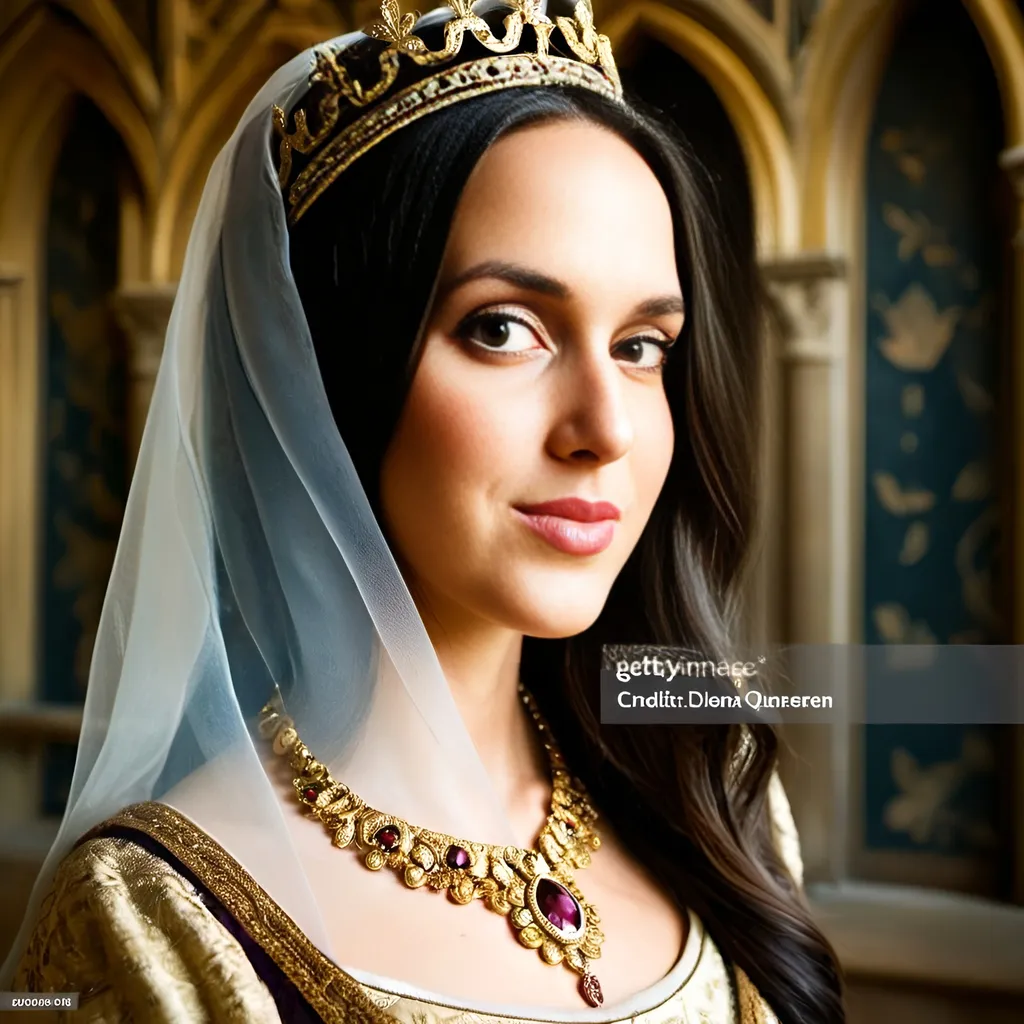 Prompt: beautiful dark haired French queen wearing golden crown with diamonds is smiling and standing in the castle hall, tapestries on the wall, medieval atmosphere, majestic