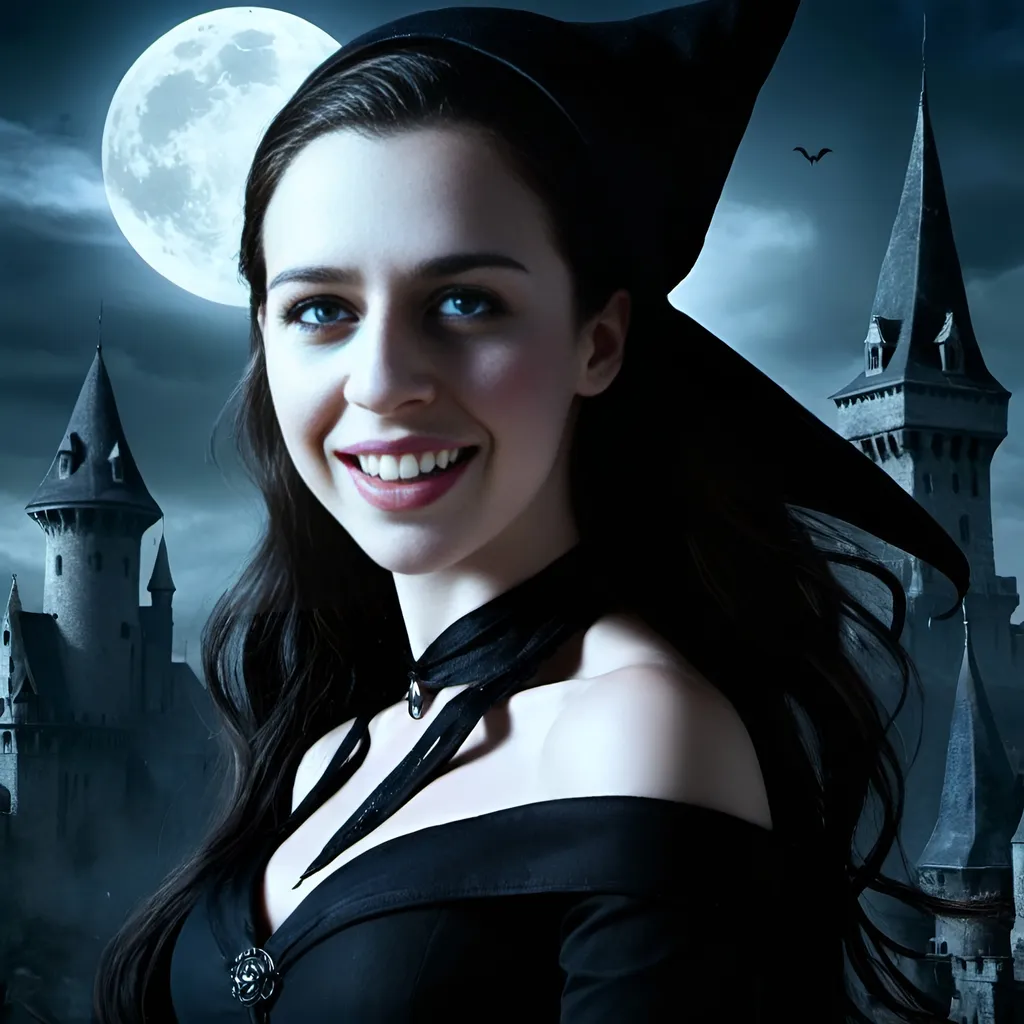 Prompt: Young and beautiful dark haired witch with blue eyes, conical hat, haunted castle background, half moon, bats, highres, detailed, gothic, fantasy, mystical, dark tones, atmospheric lighting, detailed facial features, professional rendering