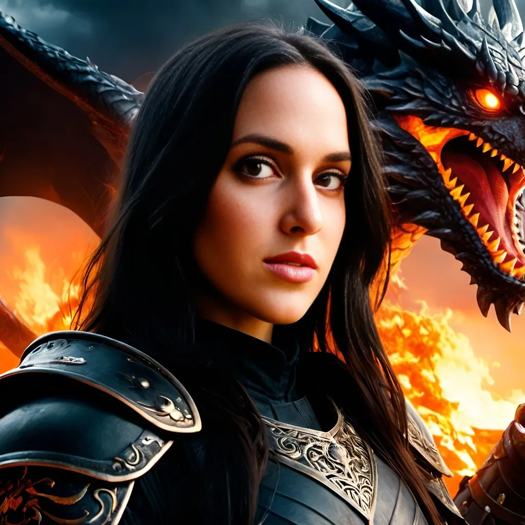 Prompt: (young and beautiful dark-haired fantasy warrior), wearing intricate black clouded armor, wielding a (black sword), surrounded by (fire-breathing dragons), dark and ominous atmosphere, cloudy sky, burning castles in the background, glowing fire reflections, dramatic and high contrast lighting, deep ash tones with occasional fiery orange highlights, intense and chaotic mood, ultra-detailed, 4K, cinematic masterpiece.