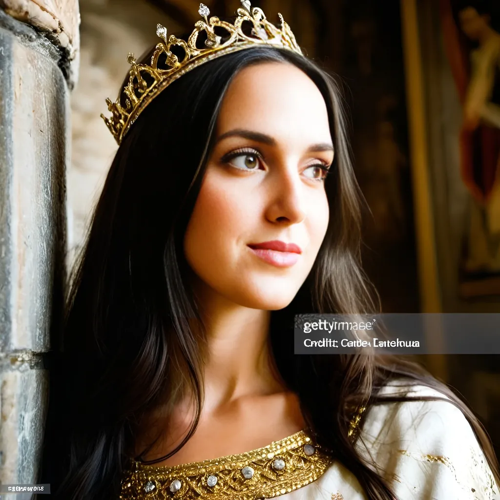 Prompt: beautiful dark haired French queen wearing golden crown with diamonds is smiling and standing in the castle hall, tapestries on the wall, medieval atmosphere, majestic