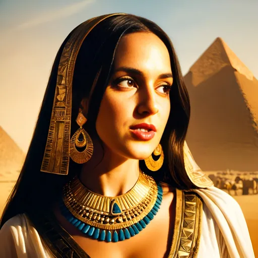 Prompt: young and beautiful Queen Cleopatra in ancient Egypt, joy, desert landscape, pyramids in the background, mouth open, joy, high detailed, oil painting, warm tones, golden sunlight, elegant and regal, flowing garments, alluring gaze, ornate jewelry, majestic, historical, desert setting, queenly beauty, professional, atmospheric lighting