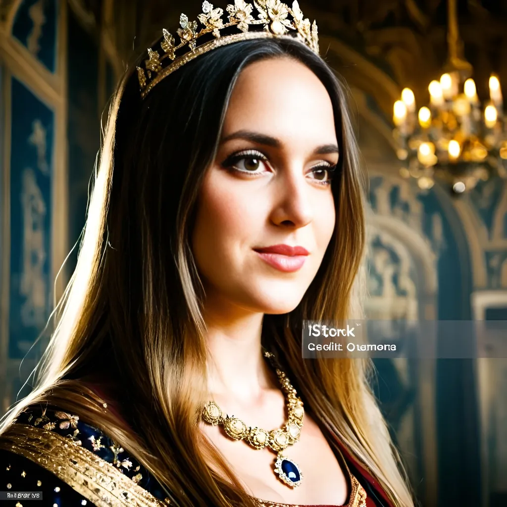 Prompt: beautiful French queen wearing golden crown with diamonds is smiling and standing in the castle hall, tapestries on the wall, medieval atmosphere, majestic