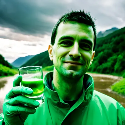 Prompt: a happy and smiling man wearing hazard suit is holding a glass of green poluted liquid, surrounded by apocalyptic scenery, green rivers, pollution, clouds, apocalypse