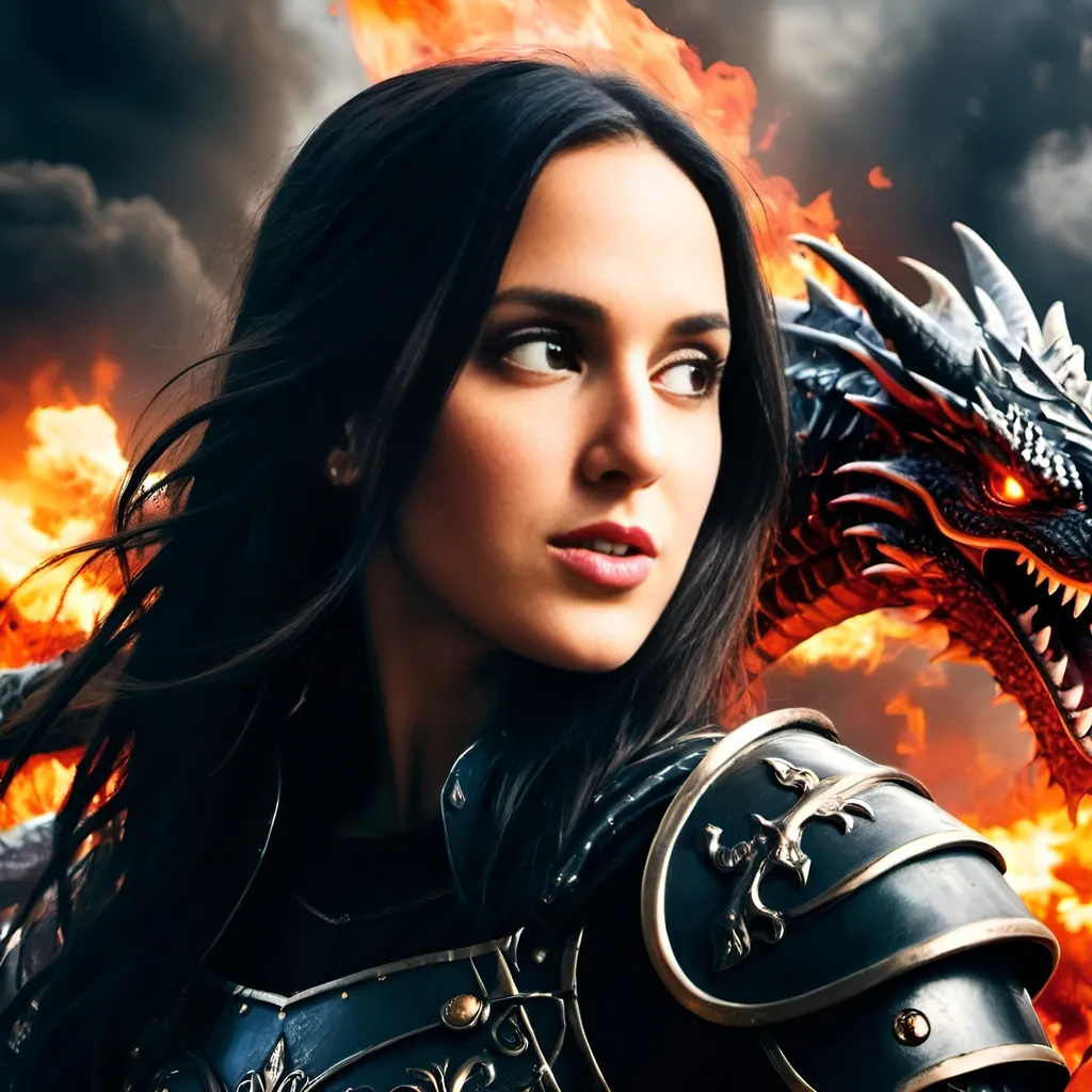 Prompt: young and beautiful dark haired fantasy warrior wearing black cloud and armour wielding black sword surrounded by fire breathing dragons, dark atmosphere, cloudy sky, burning castles in the background