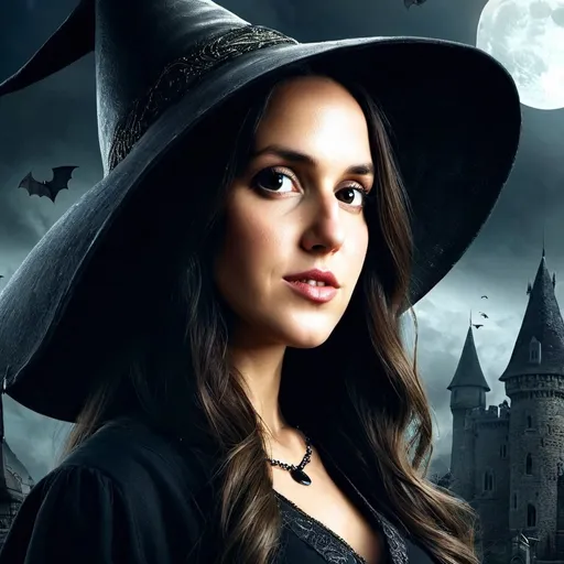 Prompt: Young and beautiful witch, conical hat, haunted castle background, half moon, bats, highres, detailed, gothic, fantasy, mystical, dark tones, atmospheric lighting, detailed facial features, professional rendering