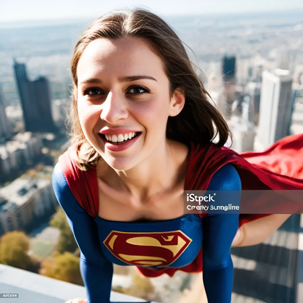 Prompt: beautiful and smiling Supergirl with dark hair and blue eyes is flying above city wearing Supergirl costume, sunny day, city skyline

