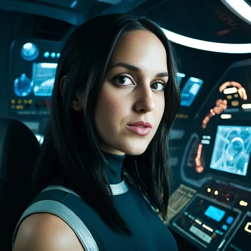 Prompt: a young and beautiful dark haired girl at the command bridge of a futuristic space ship, command consoles, planets in the background, space atmosphere