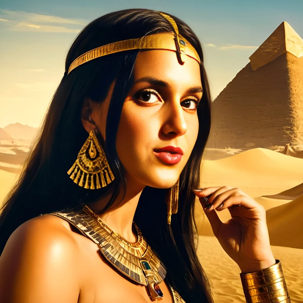 Prompt: young and beautiful Queen Cleopatra in ancient Egypt, holding a scorpion in her hand, joy, desert landscape, pyramids in the background, mouth open, joy, high detailed, oil painting, warm tones, golden sunlight, elegant and regal, flowing garments, alluring gaze, ornate jewelry, majestic, historical, desert setting, queenly beauty, professional, atmospheric lighting