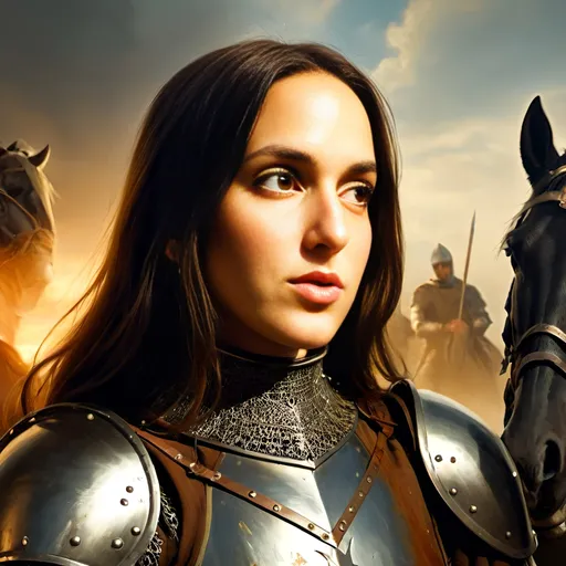 Prompt: young and beautiful girl knight in full armor leading a cavalry charge, medieval, detailed armor, majestic, epic battle scene, high quality, oil painting, warm tones, dramatic lighting, detailed horse armor, heroic, medieval warfare, powerful stance, historical, dynamic composition, vibrant colors, medieval, grandeur