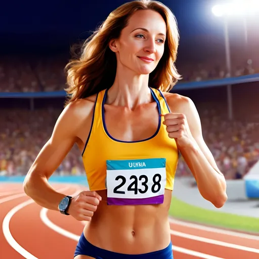 Prompt: (happy dark-haired blue-eyed woman Olympic runner) wearing a gold medal, standing at a running track, medal celebration, stadium crowd, ecstatic atmosphere, vibrant colors, high energy, bright stadium lights, modern athletic wear, triumphant mood, photorealistic, ultra-detailed, high-definition, 4K.