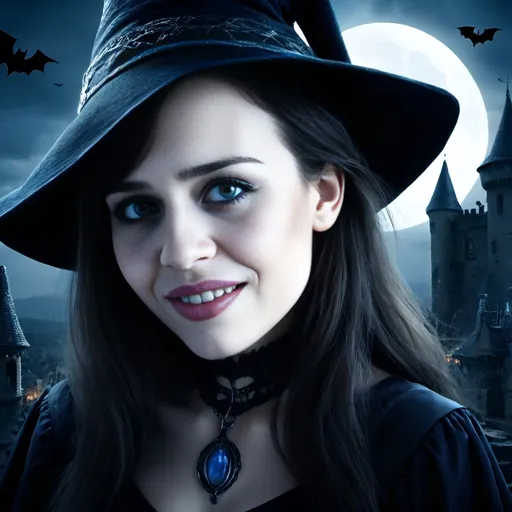 Prompt: Young and beautiful dark haired witch with blue eyes, conical hat, haunted castle background, half moon, bats, highres, detailed, gothic, fantasy, mystical, dark tones, atmospheric lighting, detailed facial features, professional rendering