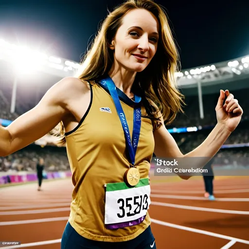 Prompt: happy dark haired blue eyed woman olympic runner is wearing a gold medal and is standing at a running track, medal celebration, stadium crowd, ecstatic atmosphere