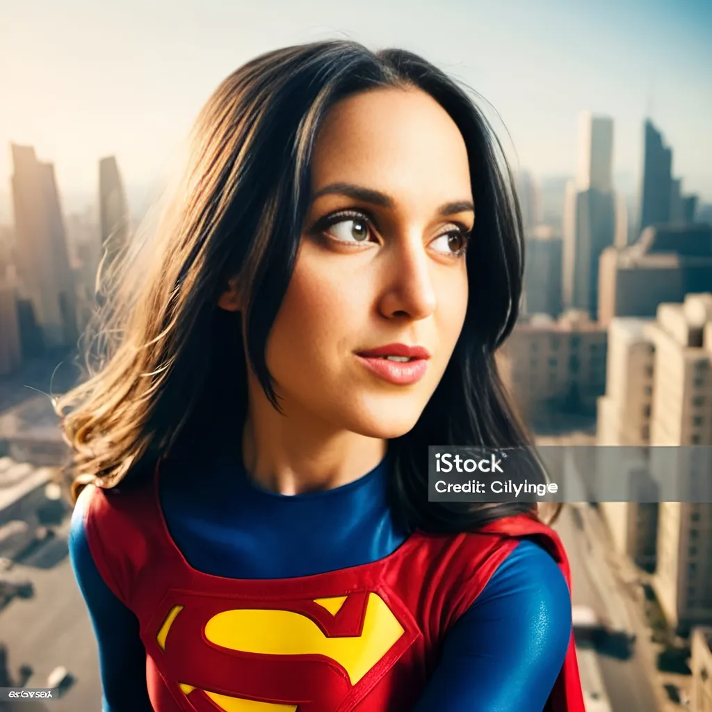 Prompt: beautiful and smiling Supergirl with dark hair is flying above city wearing Supergirl costume, sunny day, city skyline