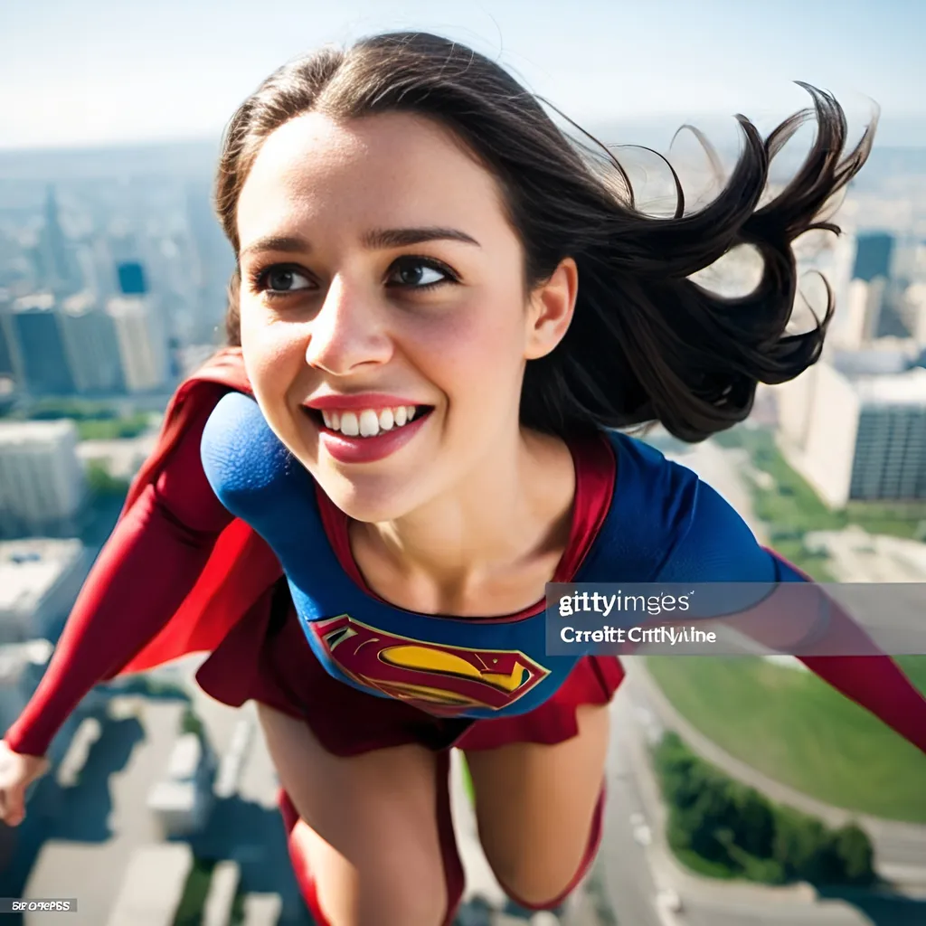 Prompt: beautiful and smiling Supergirl with dark hair and blue eyes is flying above city wearing Supergirl costume, sunny day, city skyline

