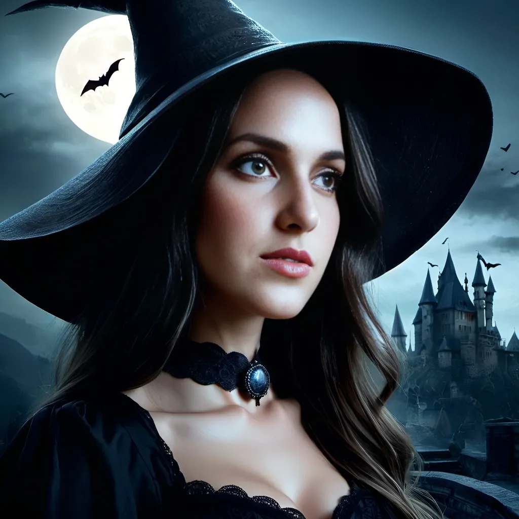 Prompt: Young and beautiful witch, conical hat, haunted castle background, half moon, bats, highres, detailed, gothic, fantasy, mystical, dark tones, atmospheric lighting, detailed facial features, professional rendering