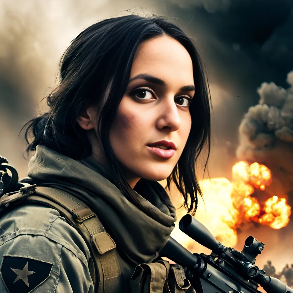 Prompt: Dark haired veteran woman soldier in full combat gear, holding automatic rifle, battle-worn, explosions, smoke, helicopters overhead, trenches, intense atmosphere, high quality, warzone, gritty, action-packed, detailed uniform, realistic, dramatic lighting, military, combat, battlefield, intense, atmospheric, chaotic