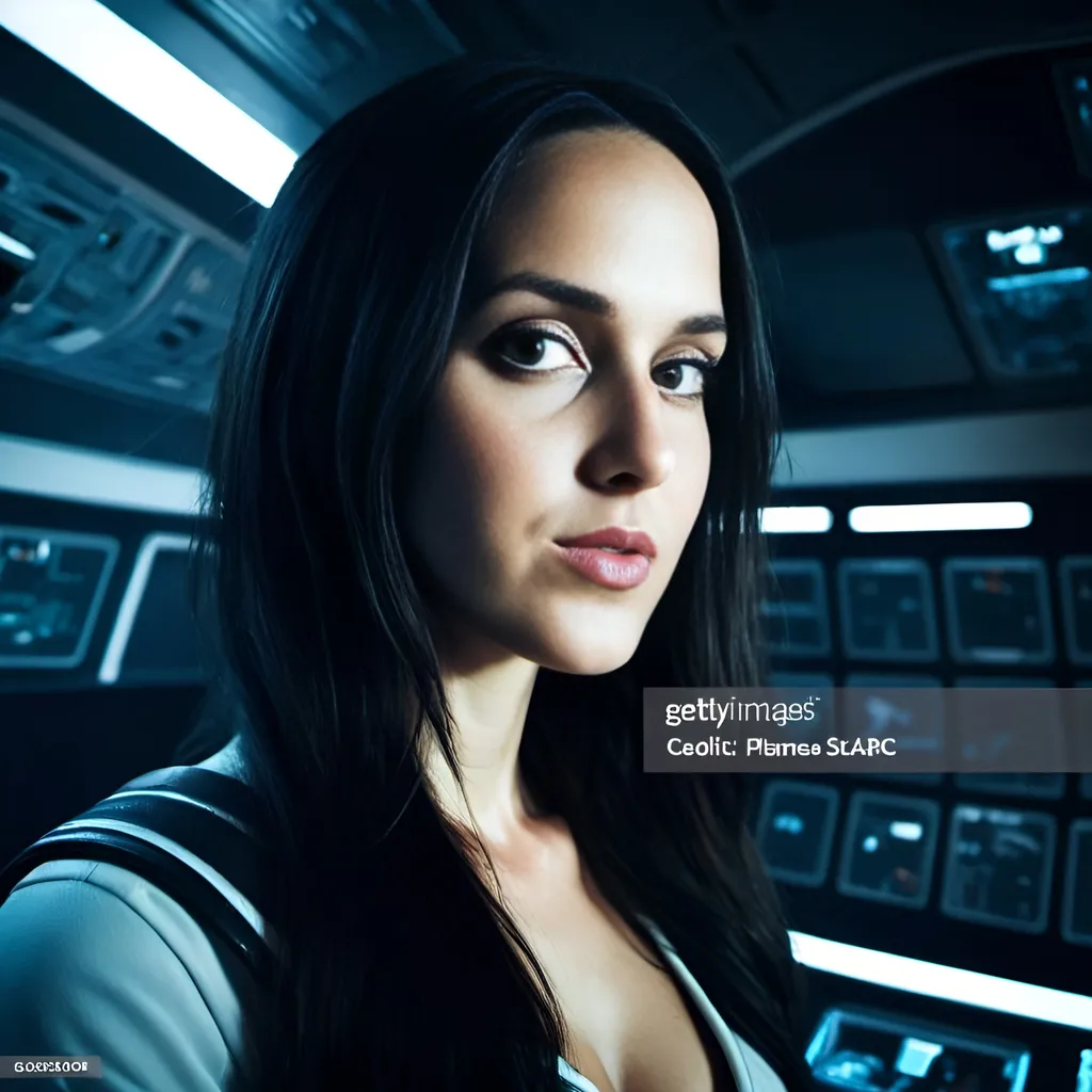 Prompt: (young and beautiful dark haired girl at the command bridge of a futuristic space ship), command consoles, planets in the background, space atmosphere, high-tech interiors, stunning space vistas, futuristic lighting, cool color tones, sense of adventure, epic scale, highly detailed, ultra-detailed, cinematic, 4K, high quality, breathtaking, dramatic science fiction scene, stars and galaxies in the distance, immersive backdrop.