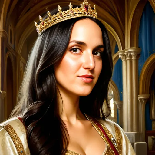 Prompt: Beautiful dark haired French queen in a majestic medieval castle hall, wearing a golden crown with diamonds, ornate tapestries on the wall, regal smile, medieval atmosphere, high-quality, detailed, oil painting, majestic, historical, opulent, warm tones, soft lighting