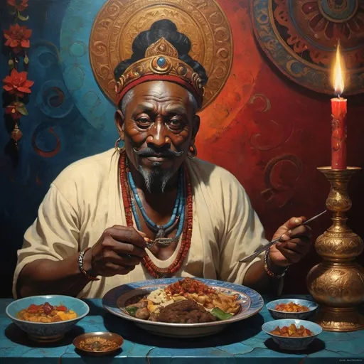 Prompt: create a Realism version of an Paul Gaugin painting of Mahakala as an older African man with non-classical facial features having dinner with Kali
