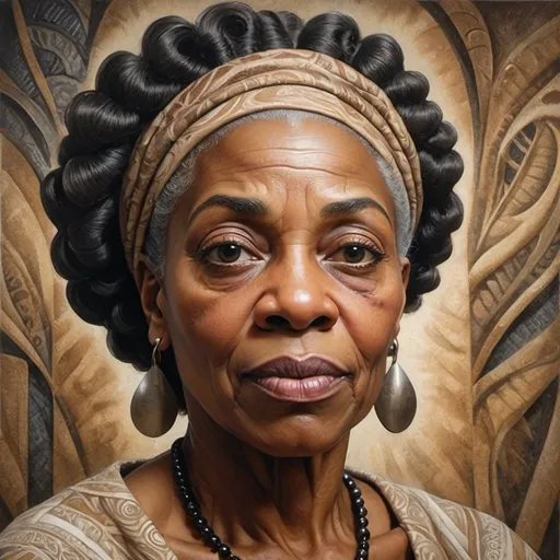 Prompt: create a Realism version of an John Biggers painting of an older black woman with non-classical facial features
