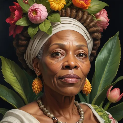 Prompt: create a Realism version of an Giuseppe Arcimboldo "Spring" painting of an older black woman with non-classical facial features
