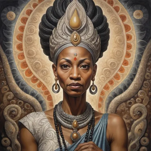 Prompt: 
create a Realism version of an John Biggers painting of AvAvalokiteśvara as an older black woman with non-classical facial features