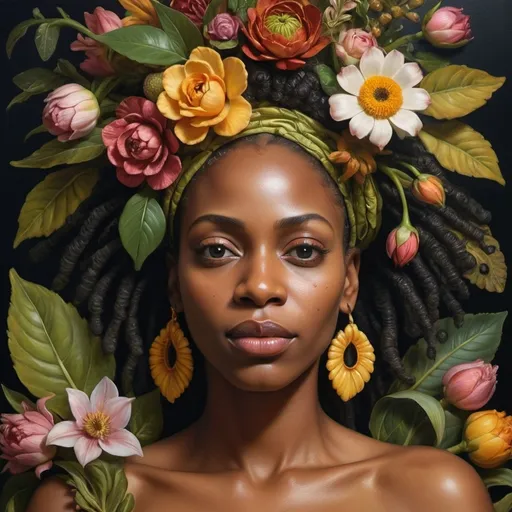 Prompt: create a Realism version of an Giuseppe Arcimboldo Flora painting of a black woman with non-classical facial features
