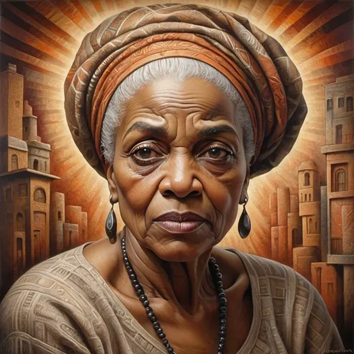 Prompt: create a Realism version of an John Biggers painting of an older black woman with non-classical facial features
